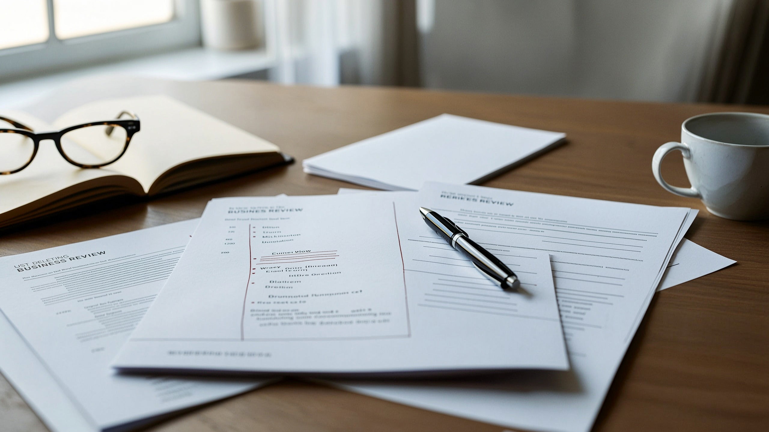 A working desk with printed reports, a notebook, glasses, and a coffee mug in soft window light.
