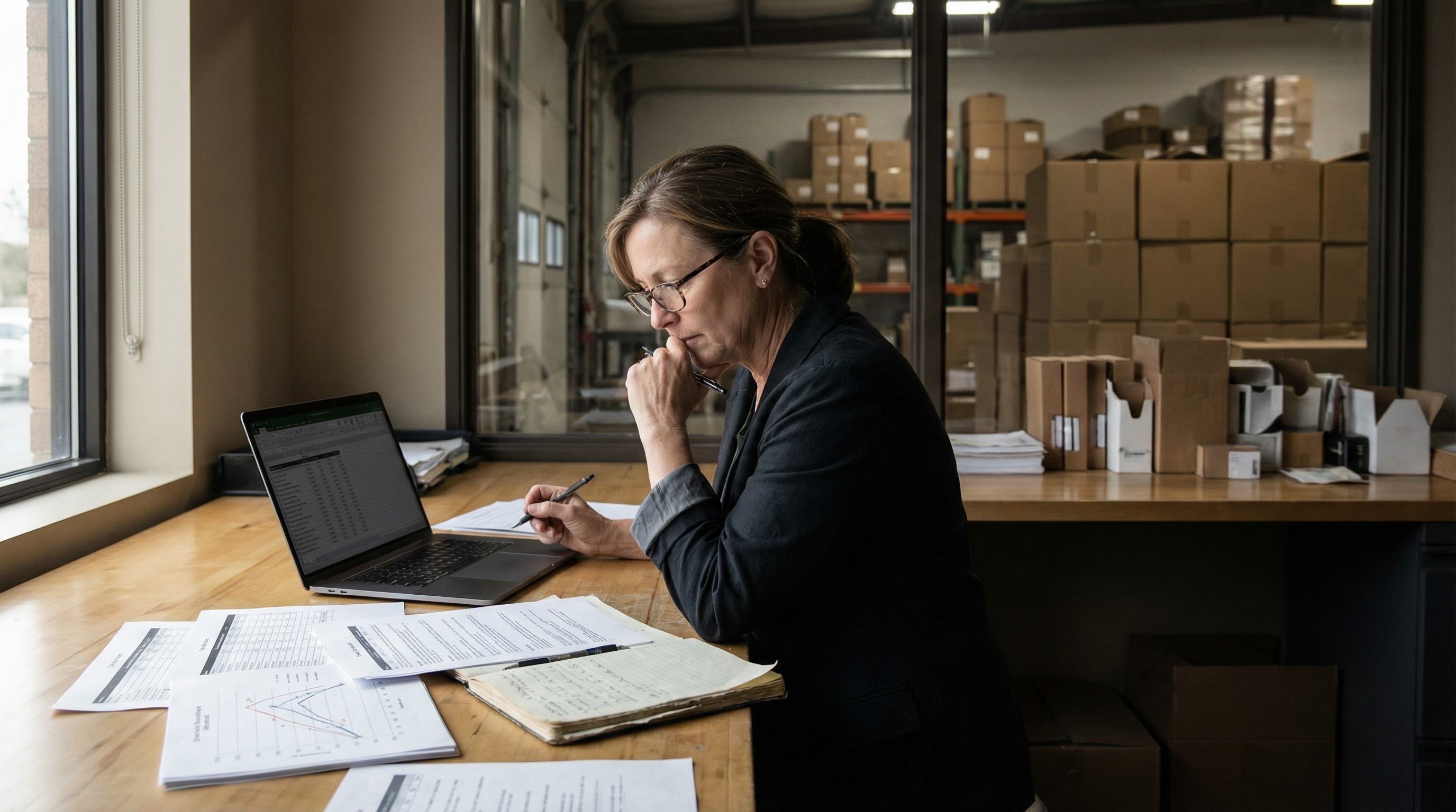 An operator reviewing reports at a planning desk beside stacked cartons in a warehouse-adjacent workspace.