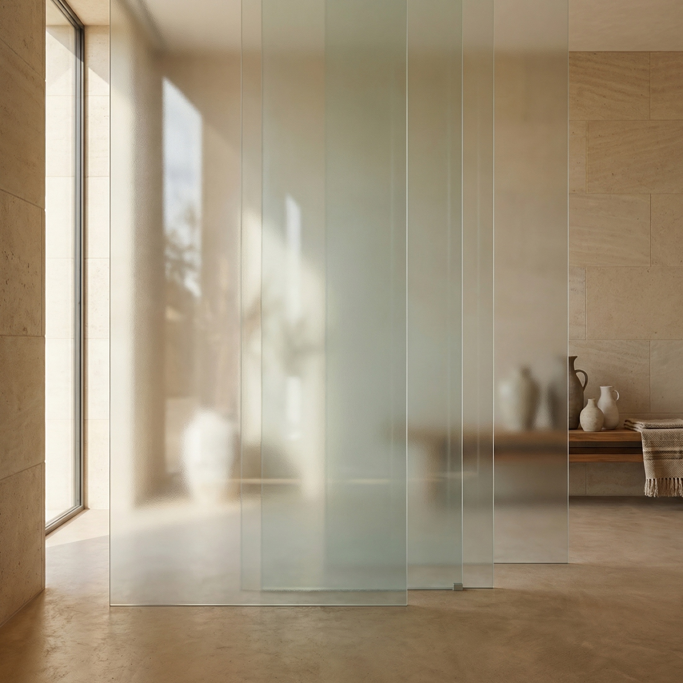 Soft light passing through layered frosted glass panels in a quiet interior.