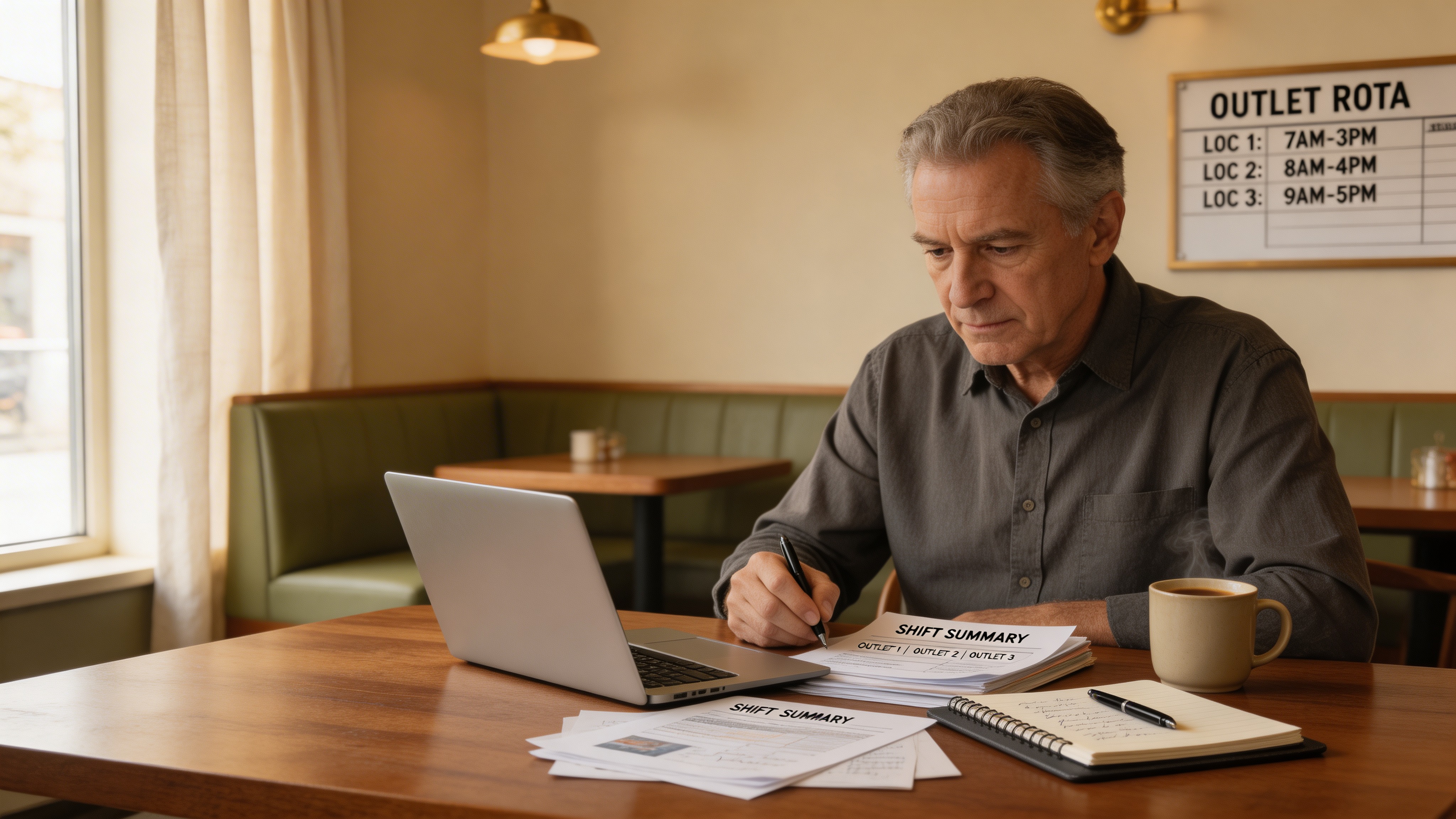 A restaurant operator reviewing shift summaries at a quiet table with an outlet rota in the background.